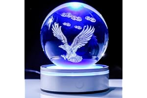 YWHL 3.14" 3D Crystal Ball Eagle Figurine Gifts with Colorful LED Base Laser Engraved Glass Bald Eagle Statue Sphere Ball Decor for Office Desk Inspirational Eagles Gifts for Men Women