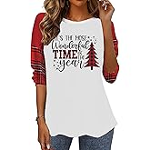 BOMYTAO Christmas Tree Shirts for Women Buffalo Plaid Long Sleeve Casual T-Shirt Top