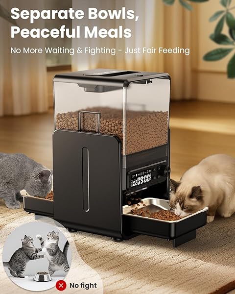 CITYFLEE AUTOMATIC CAT FEEDER FOR 2 CATS, 5L/20 CUPS FOOD DISPENSER WITH ADJUSTABLE RAISED DOUBLE BOWLS, DETACHABLE CONTROL PANEL, TIMED CAT AND DOGS FEEDER FOR DRY FOOD, DUAL POWER SUPPLY