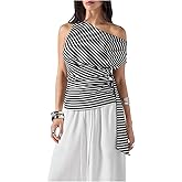 SHENHE Women's Striped One Shoulder Top Ribbed Knit Short Sleeve Ruched Draped Dressy Going Out Shirt
