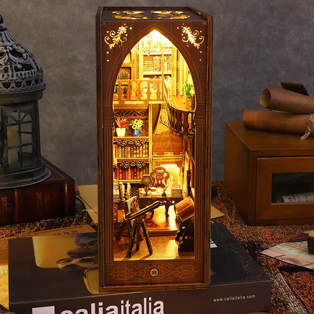 Lannso DIY Book Nook Kit, DIY Dollhouse Booknook, Library Booknook 3D Wooden Puzzle Bookends, Book Nook Miniature Kits with LED Light for Adults(SL6-A)