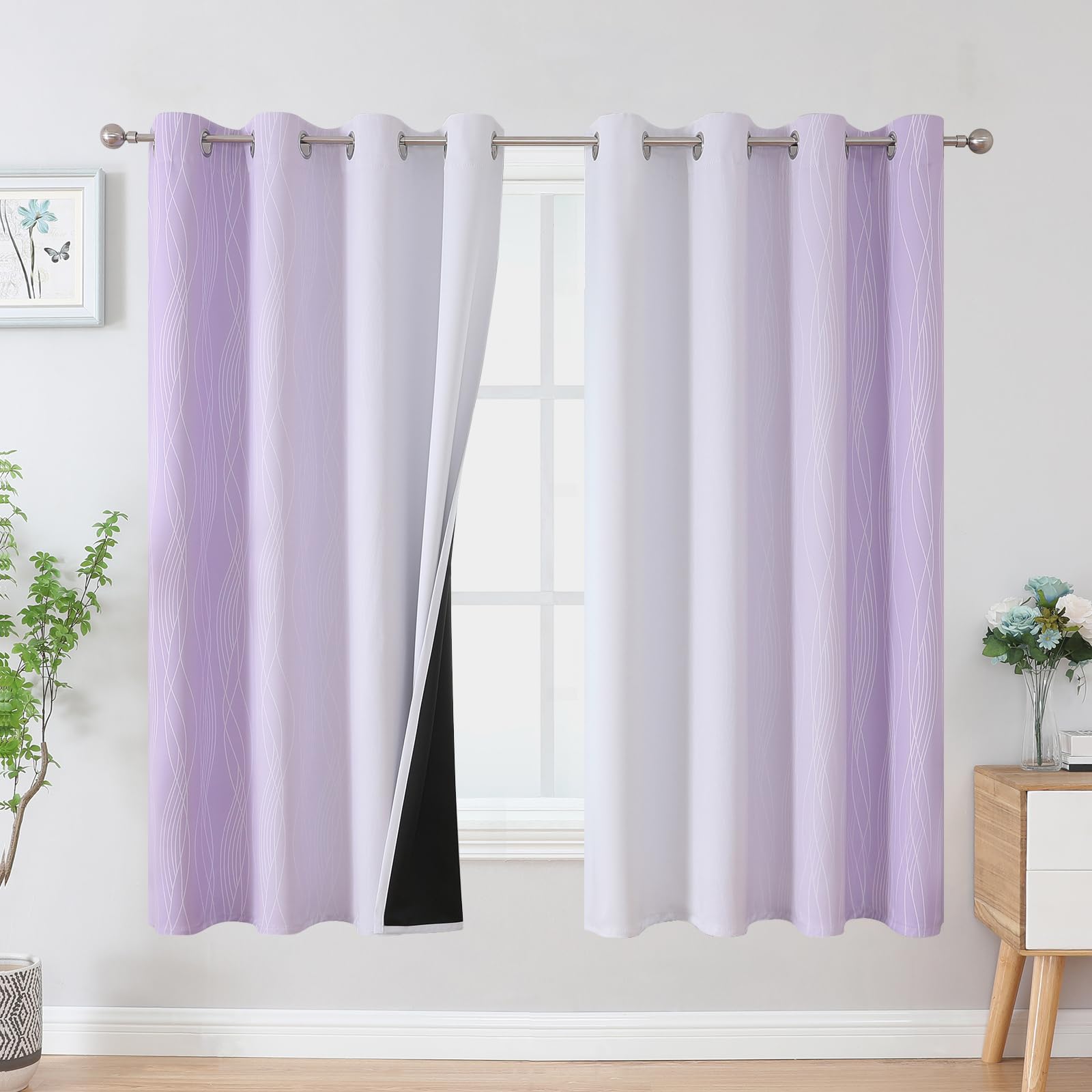 VEHEDE Gradient Wave Blackout Curtains for Living Room, Eyelet Home Decorative Thermal Insulated Ombre Curtains & Drapes for Kids Bedroom, W52 x L63 Inch, Lilac and Greyish White, 2 Panels