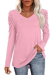 CATHY Women's Long Puff Sleeve V Neck Tunic Tops