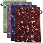Embroidery Silk Flower Shoe Bag 4Pcs Drawstring Silk Jacquard Travel Bag Underwear Bags Washable Big Sachet Bag Storage Bags for Men Women
