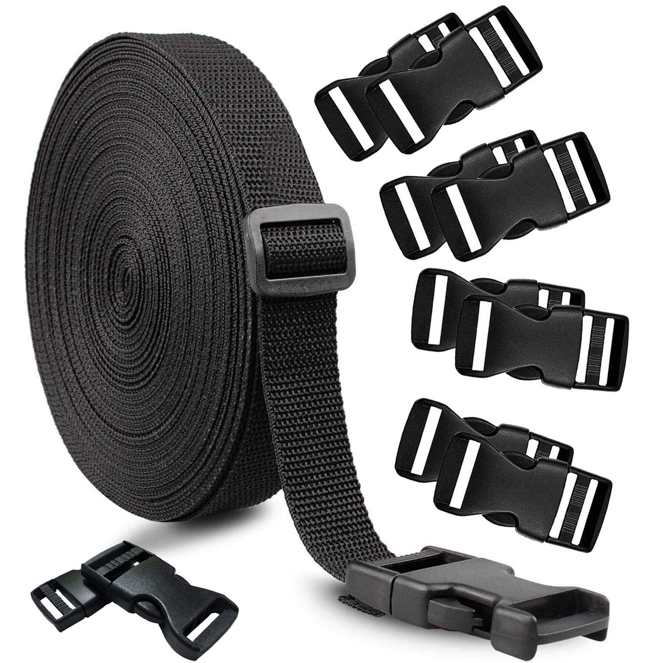 10 yards Nylon Webbing Strap Band with 10 Sets of Flat Side Release Buckles and Tri-Glide Slides for DIY Making Luggage Strap and Backpack Repairing (1.5 inch)