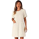 Allegra K Tweed Dress for Women's Short Sleeve A-Line Vintage Mini Shift Dresses