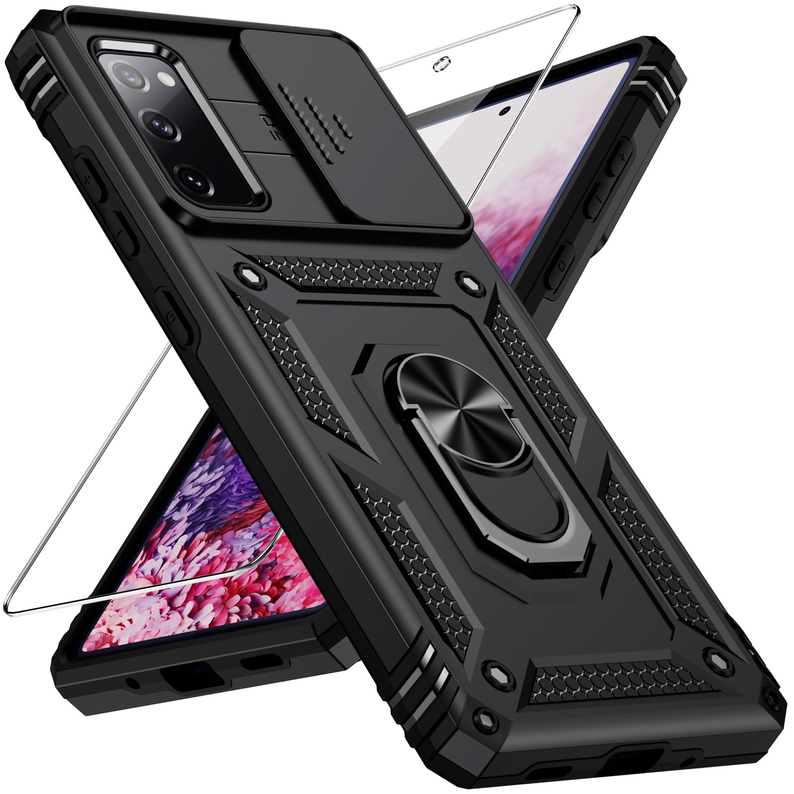 Weycolor for Samsung Galaxy S20 FE 5G Case with Camera Lens Cover, HD Screen Protector, 10 FT Military Grade Drop Protection, Magnetic Ring Holder Kickstand Protective Phone Case, Black