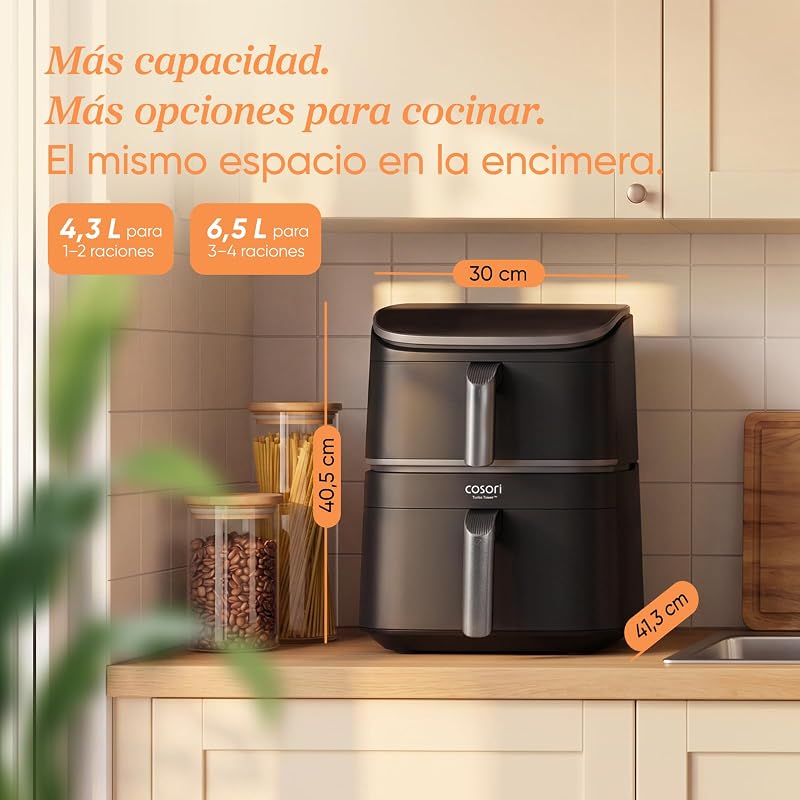 Fritadeira Cosori Turbo Tower 10.8L, Cesta Dupla True Inox, economia de espaço, alta potência de 2630W e mais rápida, 6 funções, refeições sempre equilibradas, cozimento ilimitado, fácil de limpar