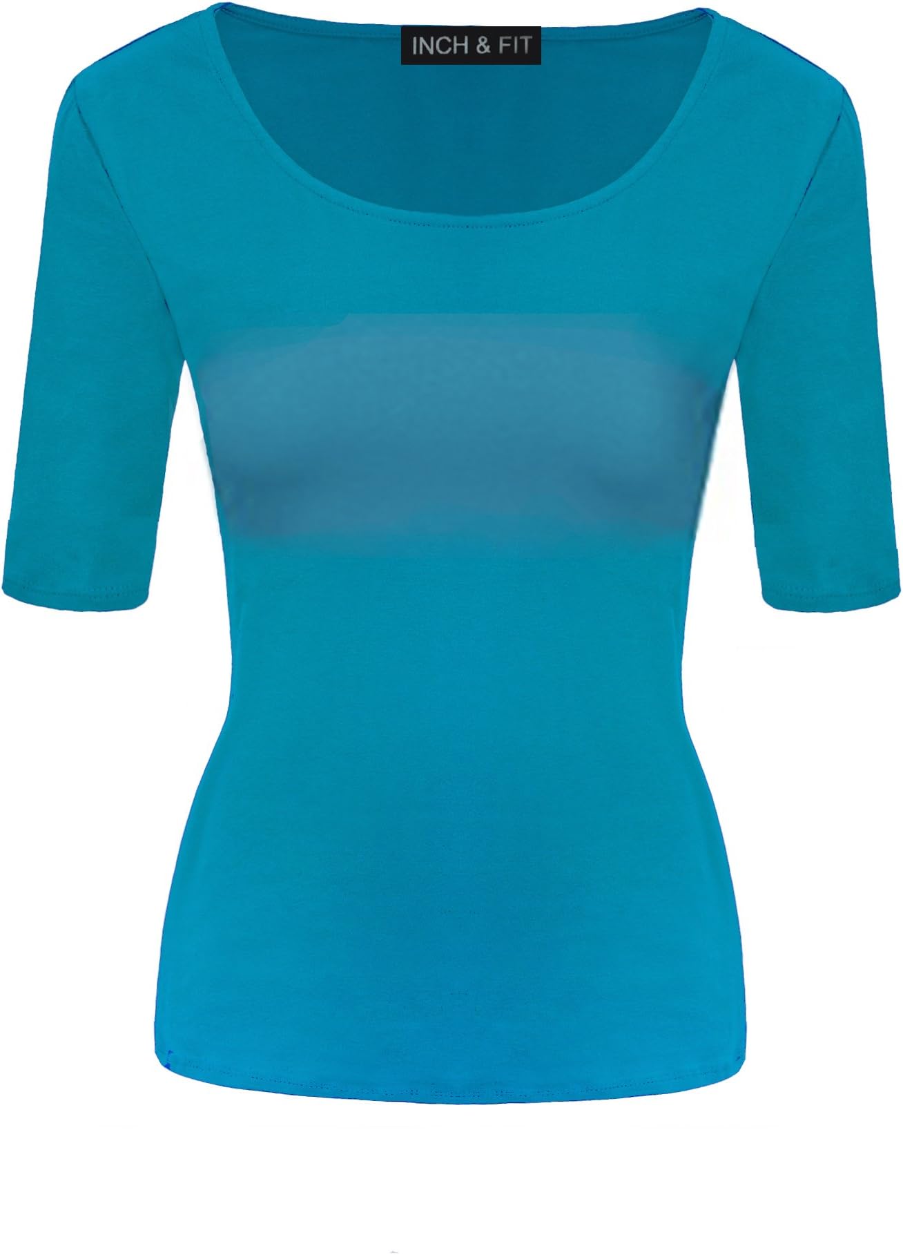 INCH & FIT Women's Solid Basic 3/4 Sleeve Round Neck T-Shirts(S-3X) (Small, Turquoise)