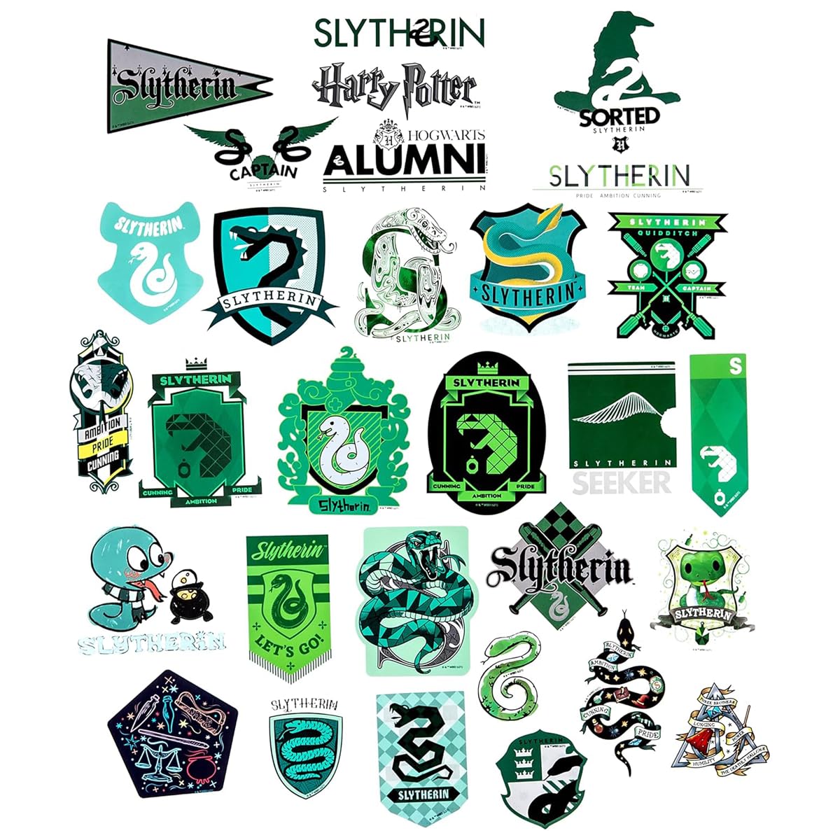 Harry Potter Slytherin Hogwarts House Vinyl Sticker Decal Pack, 60-Count, 5 Hologram Stickers, Waterproof, UV & Scratch-Resistant, Decals for Laptops, Water Bottles, Notes & More, Officially Licensed