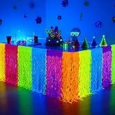 MEYSIMOON Glow in The Dark Party Supplies - Neon Foil Fringe Table Skirts for Birthday Party Decorations, UV Blacklight 2 Pack Table Cloth for Glow Parties, Neon Party Decorations