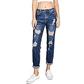 Wax Jeans Women's Juniors High Rise Baggy Straight Leg Jeans (Ripped Dark Denim, 3)