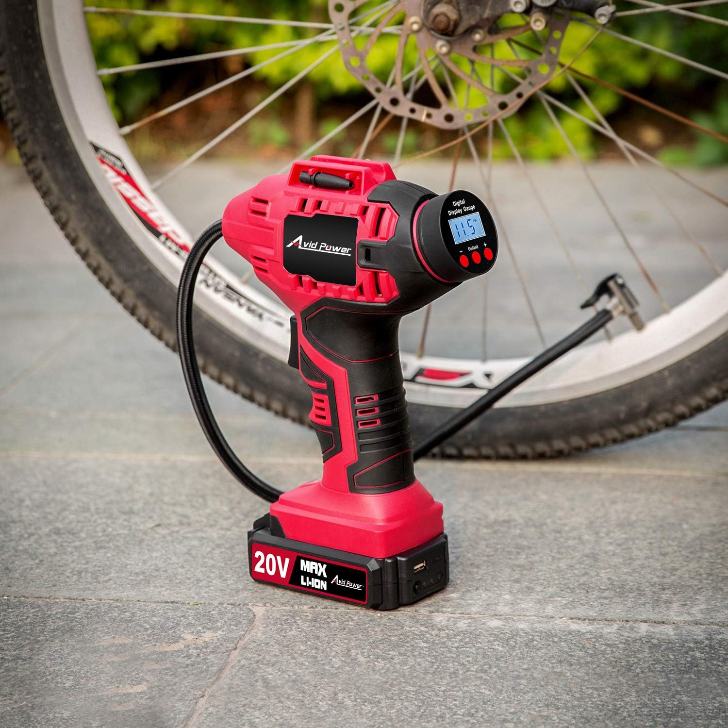 Avid Power Tire Inflator Air Compressor, 20V Cordless Car Tire Pump with Rechargeable Li-ion Battery, 12V Car Power Adapter, Digital Pressure Gauge: Automotive