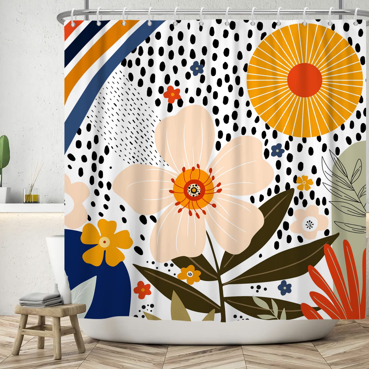 Ttincceer 180x180cm Boho Flower Shower Curtain Abstract Watercolor Flower Sun Rain Bathroom Curtain Colored Plant Floral Shower Curtains Waterproof Bathtub Curtain
