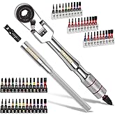 Geinxurn 60Pcs 180&deg; Pivoting Flex Head T-Handle Ratchet Wrench Set, 72-Tooth 1/4" Reversible Ratchet with Extension Bar, Socket Adapter &amp; 1" Impact Screwdriver Bits (Phillips/Torx/Hex) for DIY