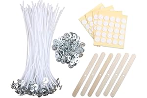 MILIVIXAY 100PCS 10 inch Candle Wicks with 100 Metal Tabs, 100PCS Candle Wick Stickers and 6PCS Wooden Candle Wick Holders - Wicks Coated with Paraffin Wax, Cotton Wicks Kits for Candle Making.