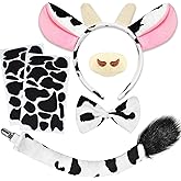 Cow Costume Set, Cow Ears Headband Nose Bow Tie Tail and 34pcs Adhesive Felt Pads Stickers for Halloween Cosplay DIY Dress Up (Pink)
