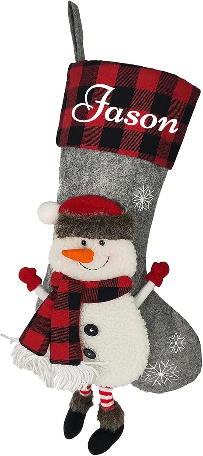 Stockings & Holders - Ecautly Personalized Christmas Stockings Gray 3D Gnomes Dolls Custom Name Large Family Stocking Snowman Snowflake for Kids Family Fireplace Hanging Xmas Decor 2023