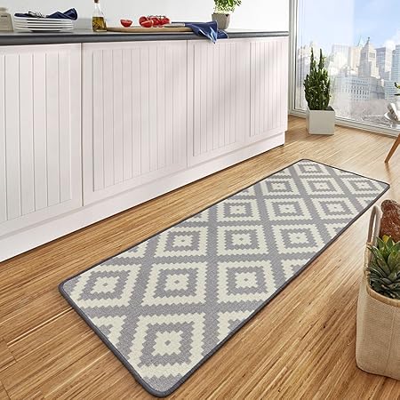 HANSE Home Design Velours Küchenläufer Raute Grau 67x180 cm KüchenläuferLäuferTeppichläufer, Polyamid, Creme, 67 x 180 x 0.8 