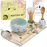 Matcha Whisk Set,8 Pcs Ceramic Matcha Set,Matcha Kit for Matcha Lovers,Tradition Tea Set Includes Bowl,Bamboo Whisk and Holder,Scoop,Sifter and Towel,Gift for Family and Friend (Light blue)