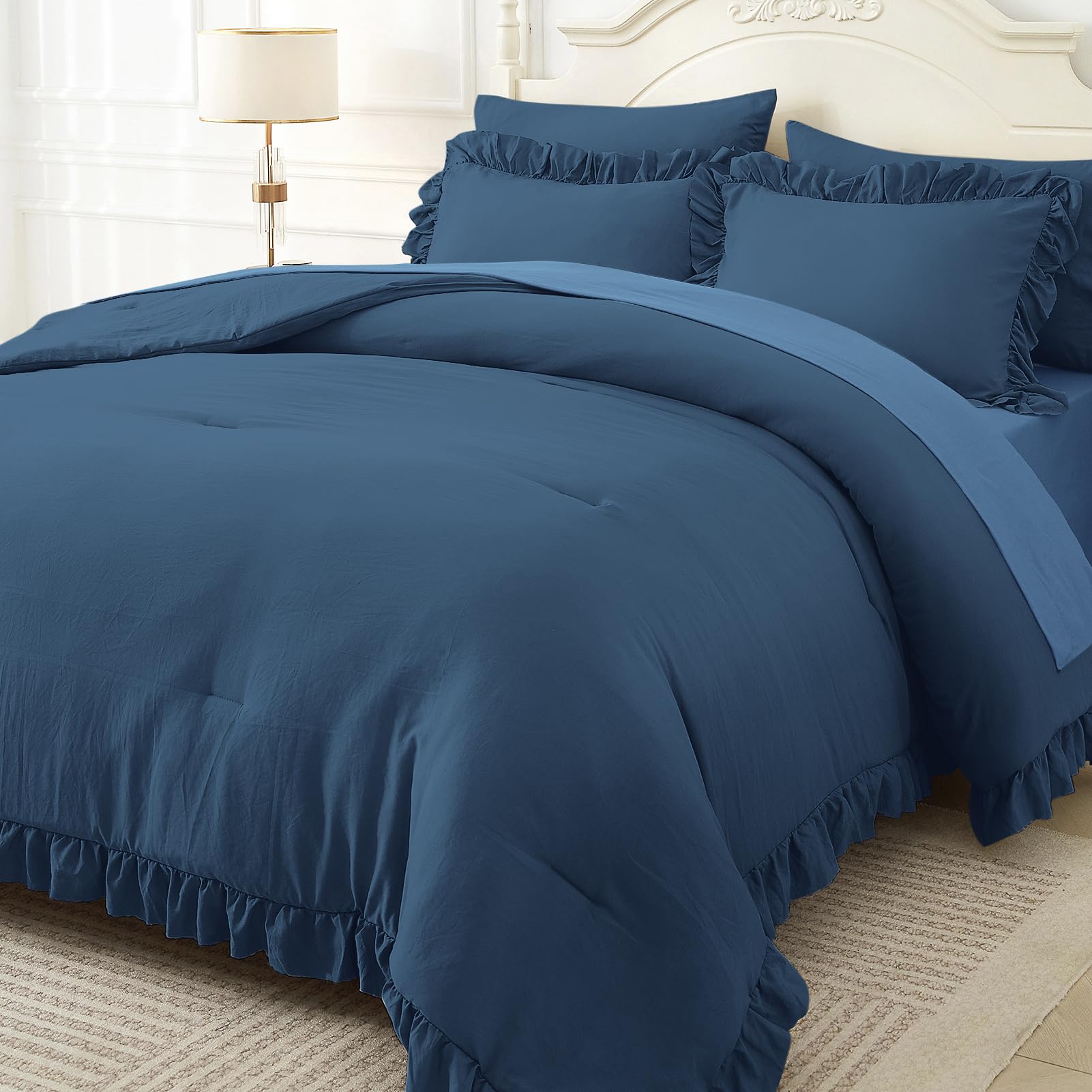 Photo 1 of ARTALL Full/Queen Comforter Set Reyna Ruffled Comforter Sets 3 Pieces (1 Comforter and 2 Pillow Shams) Vintage Farmhouse Shabby Chic Bedding Soft Fluffy Comforter Set All Season, Navy Blue