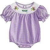 Mobbdow Newborn Infant Baby Girl Mardi Gras Outfit Mask Crown Embroidery Plaid Smocked Bubble Romper Short Sleeve Bodysuit