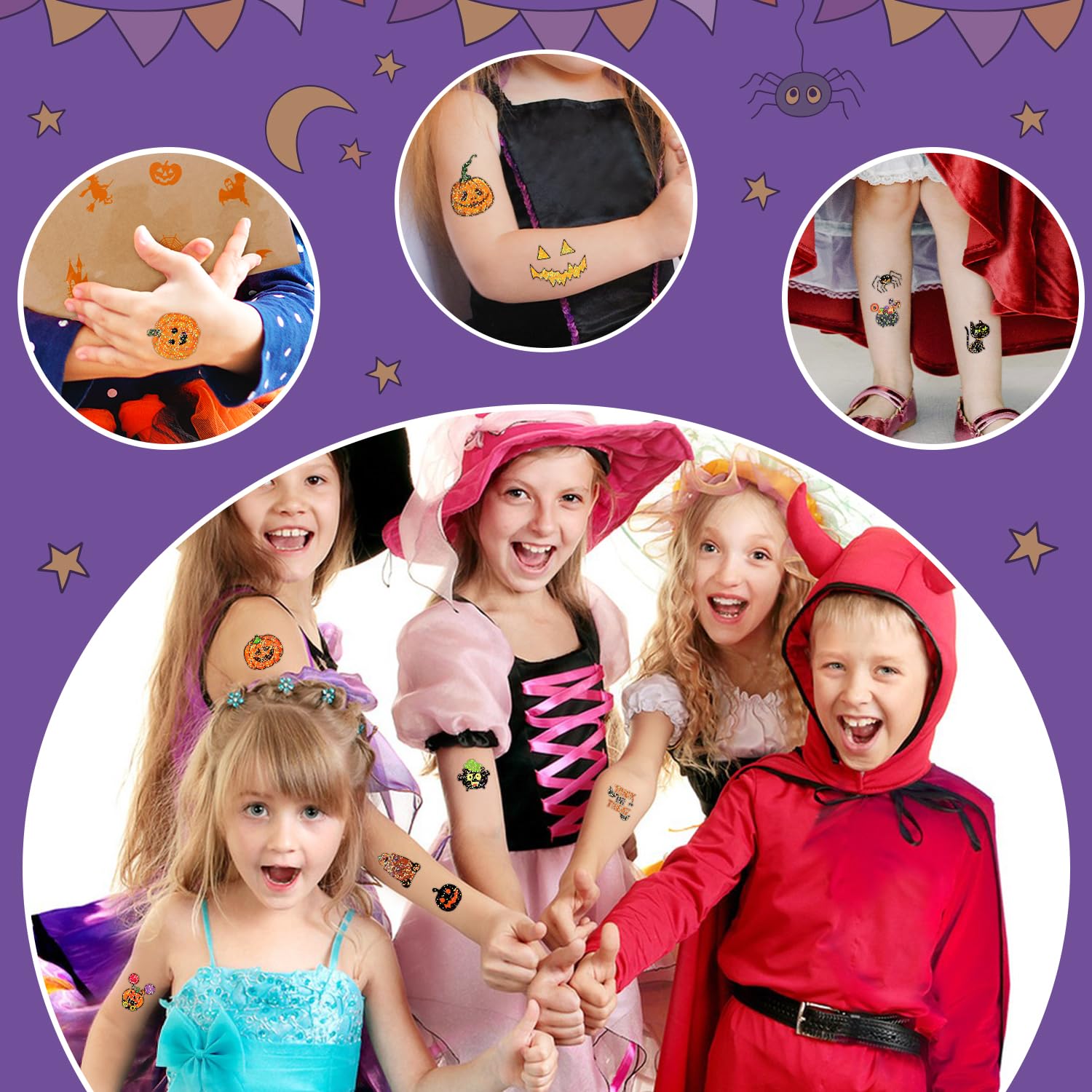 Partywind 204 PCS Glitter Halloween Tattoos for Kids Treats, Halloween Party Decorations Supplies for Boys Girls, Tattoo Stickers for Halloween Goodie Bag Stuffers (Individually Wrapped Sheets)