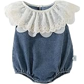 HOOLCHEAN Baby Girl Denim Lace Romper Infant Sleeveless Summer Bubble Romper with Ruffle Collar