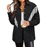 Nlife Womens Corduroy Nashville Sparkly Rhinestone Fringe Shacket Concert Outfits Long Sleeves Spakle Tassel Shirt Jacket