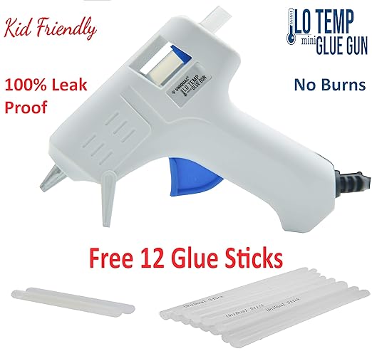 UniQual Low Temp Mini Glue Gun Kids Friendly With 12 Glue Sticks for School Projects, Crafts, Delicate Items like Foam, Thermocal, Floral, etc.