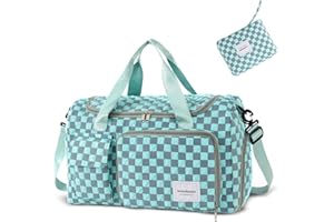WOOMADA Foldable Travel Duffel Bag with Shoes Compartment, Overnight Bag with Wet Pocket & Trolley Sleeve, Weekender Bags for Women (turquoise checkerboard)