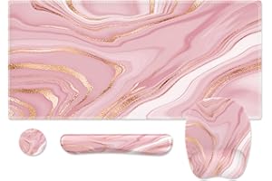 Anyshock Desk Mat, Large Mouse Pad Wrist Support, Keyboard Wrist Rest, 4 in 1 Ergonomic Desk Pad Extended with Coaster Set, Gaming Mousepad with Non-Slip for Home Office Women, Pink Rose Gold