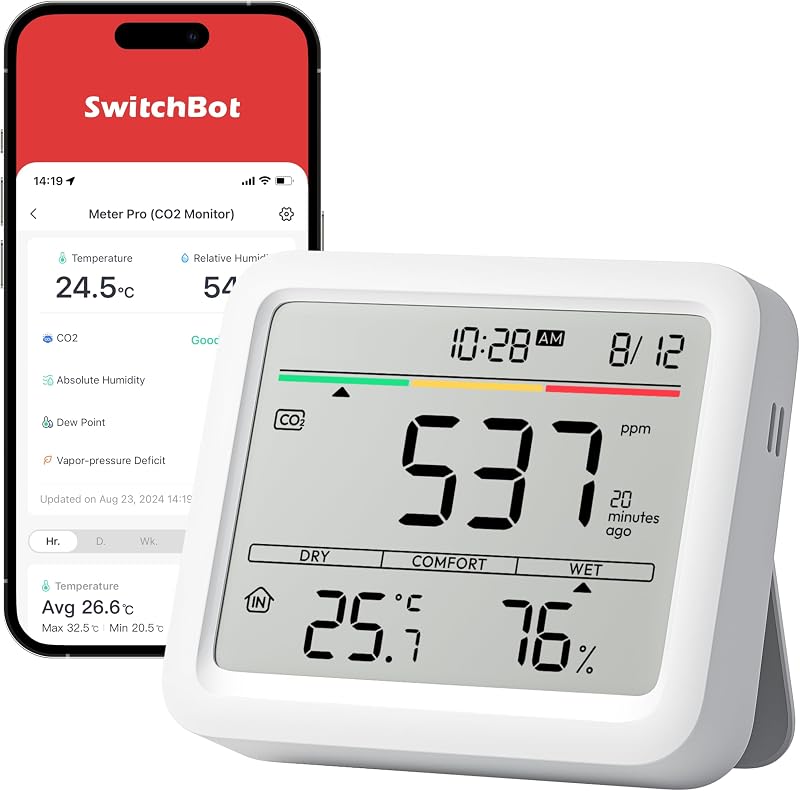 CO2-Melder, CO2 Messgerät mit Thermometer Hygrometer Innen, Luftqualität Messgerät mit CO2-Alarm, Bluetooth CO2 Sensor mit APP, 2 Jahre Datenspeicher, Hub erforderlich
