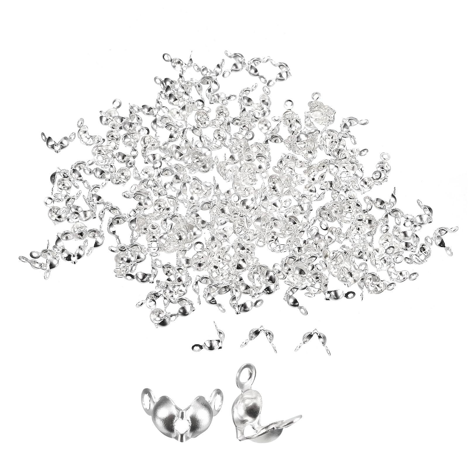 uxcell 500Pcs Open Bead Tips Knot Covers, 1mm Metal Clamshell Crimp Fold-Over Calotte Ends Caps for Jewelry Making DIY Crafts, Silver White