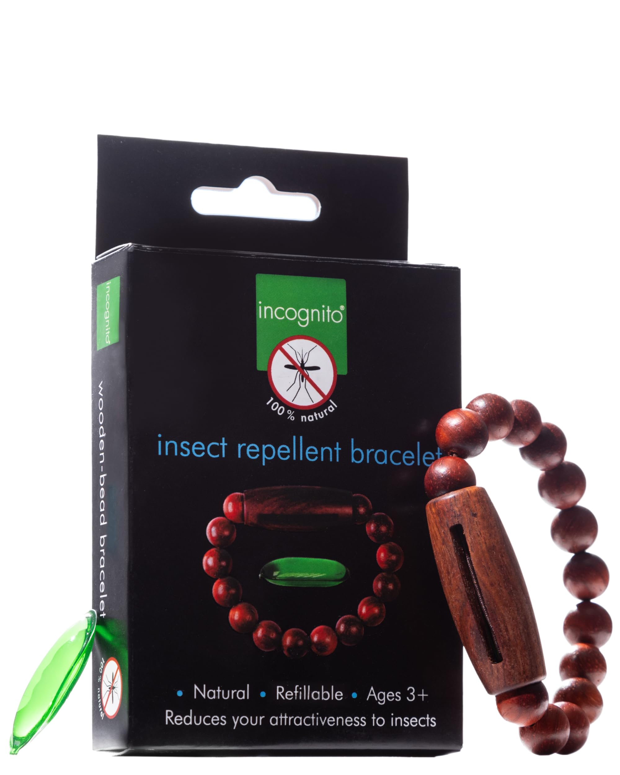 INCOGNITO - Mosquito Repellent Bracelet - Natural Lightweight Re-fillable Wooden Insect Repellent Bracelet - Anti Mosquito Bracelet with Interchangeable Capsules - Size M