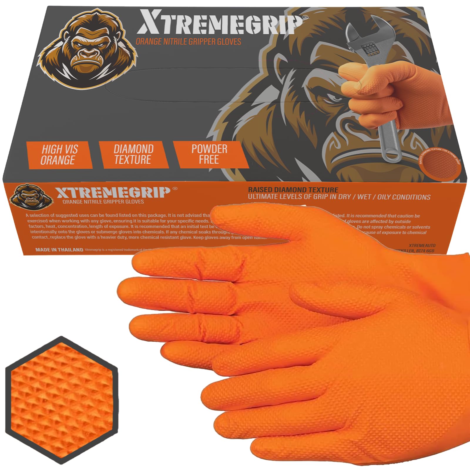 Xtremeauto Nitrile Gloves - Disposable, Diamond Grip Orange, Powder-Free & Latex-Free - Extra Thick & Strong for Mechanics (1 Box, Extra Large)