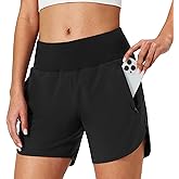 Womens Running Shorts Zipper Pockets High Waisted Quick Dry Athletic Workout Shorts with Liner