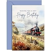 Old English Co. Artistic Birthday Card for Him - Watercolour Steam Train Countryside Birthday Card for Him - Traditional Birthday Card for Men, Husband, Dad | Blank Inside with Envelope