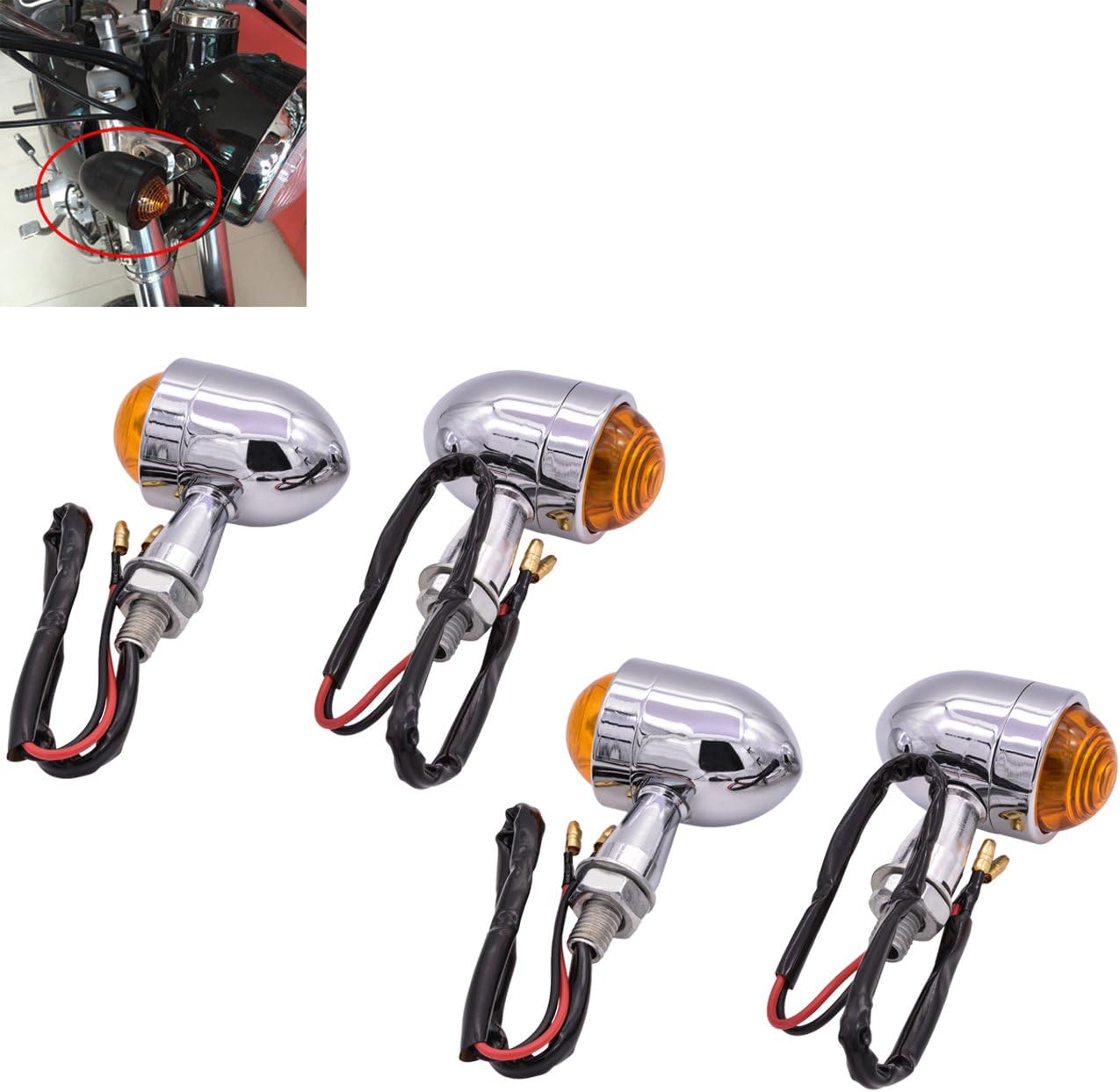 TUINCYN Mini Motorcycle Turn Signals Indicator Running Light Bullet Shape Universal Chrome Motorcycle Driving Light Bulb for Chopper Bobber Cafe Racer Motorbike Street Sports Bike 14V(Pack of 4)