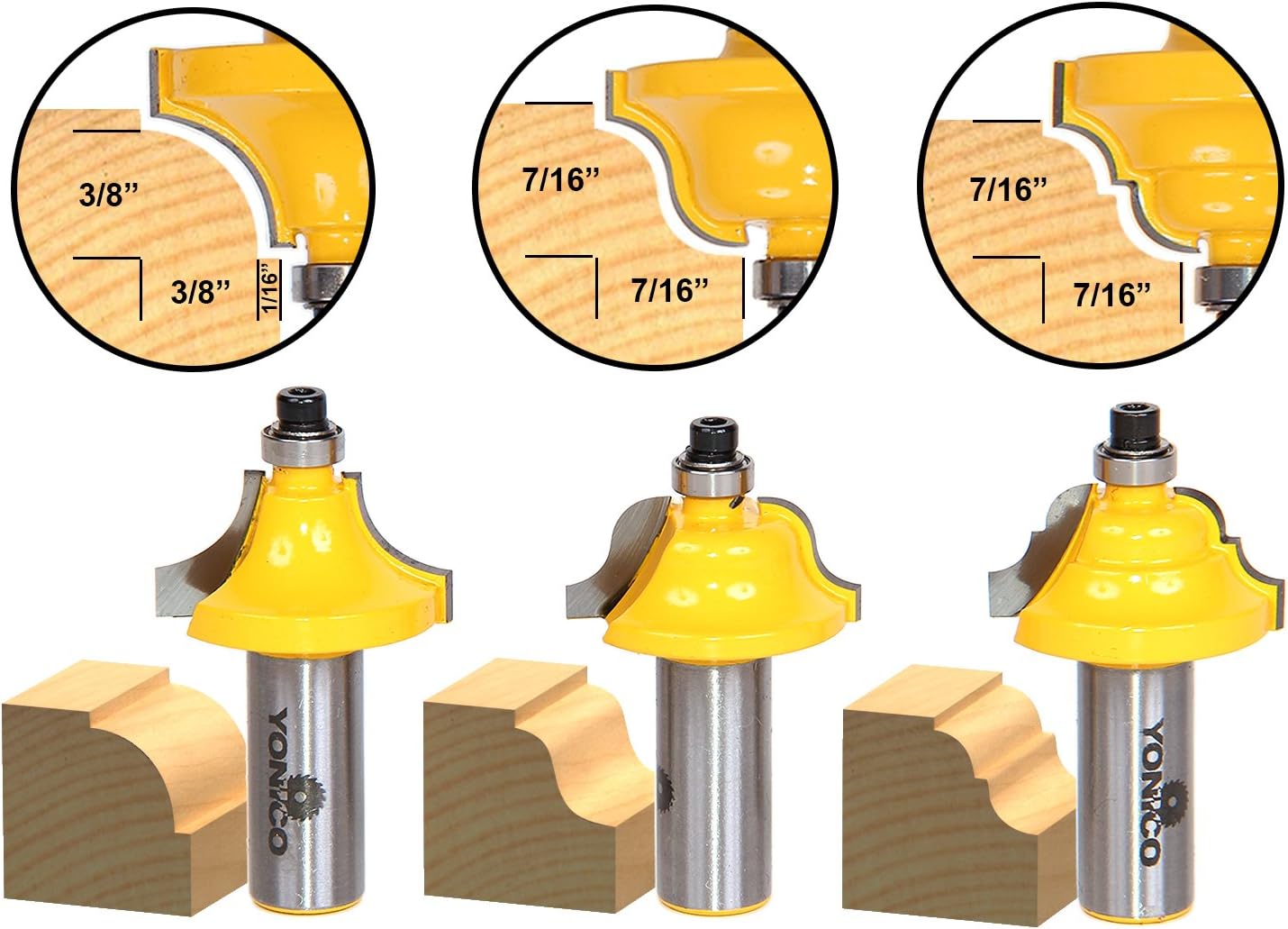 Yonico Edge Forming Router Bits Set 3 Bit 7/16-Inch 1/2-Inch Shank 13321