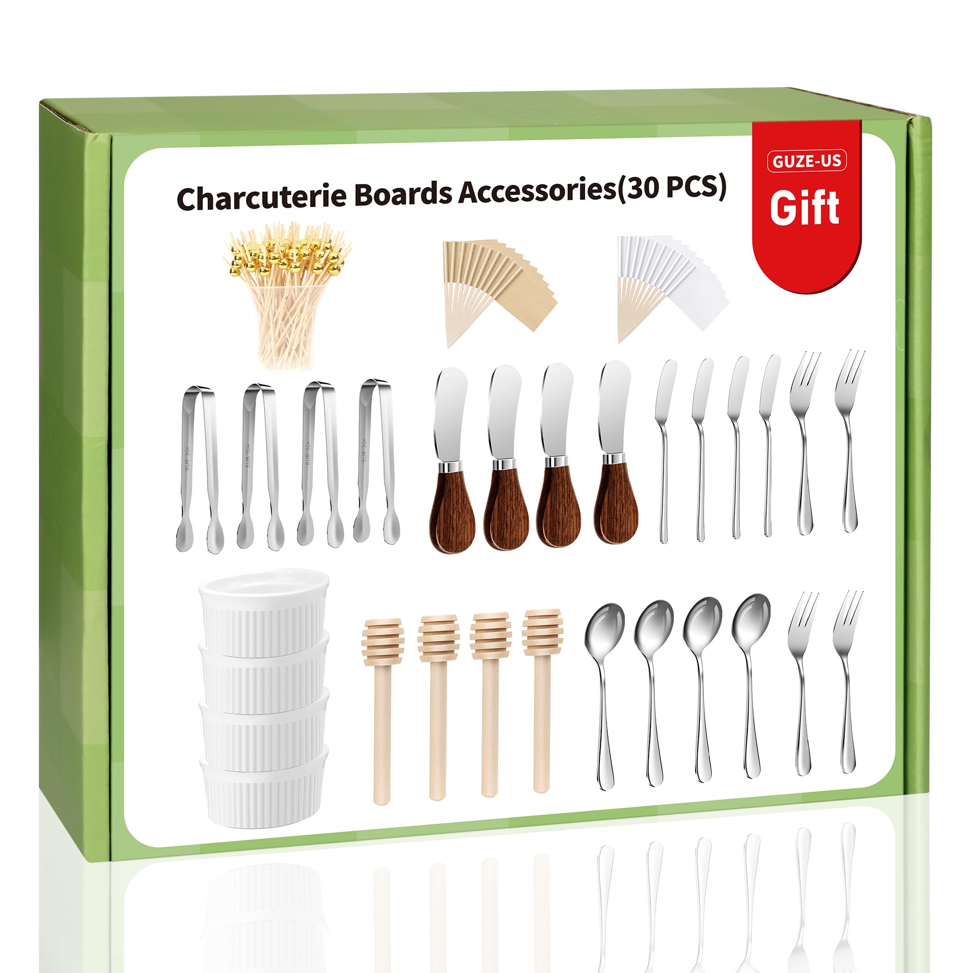 Photo 1 of Charcuterie Boards Accessories(30 PCS), Gift Box Packaging, With Ceramic Dip Bowls, Wooden Handle Cheese Spreader Butter Knive Set, Mini Tongs, Spoons, Forks,Honey Dipper, Cocktail Picks