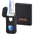 Torch Lighter, Cool Dual Flame Lighter Fashion Design, Refillable Butane Lighter with Visible Fuel Tank,Windproof Adjustable Soft Flame and Jet Flame Lighter for Men Lady (Without Butane)-Matte Black