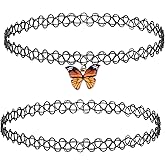 BodyJ4You 2PC Tattoo Choker Necklace - 90s Choker Necklace Women - 2000s Y2K Black Chokers Rainbow Choker - Butterfly Ying Yang Unicorn Rainbow Charms - Stretchy Elastic Necklace