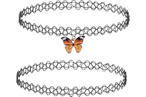 BodyJ4You 2PC Tattoo Choker Necklace - 90s Choker Necklace Women - 2000s Y2K Black Chokers Rainbow Choker - Butterfly Ying Yang Unicorn Rainbow Charms - Stretchy Elastic Necklace