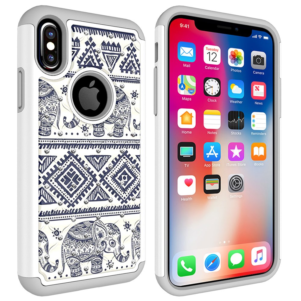 iPhone X Case, MagicSky [Shock Absorption] Studded Rhinestone Bling Hybrid Dual Layer Armor Defender Protective Case Cover for Apple iPhoneX - Elephant