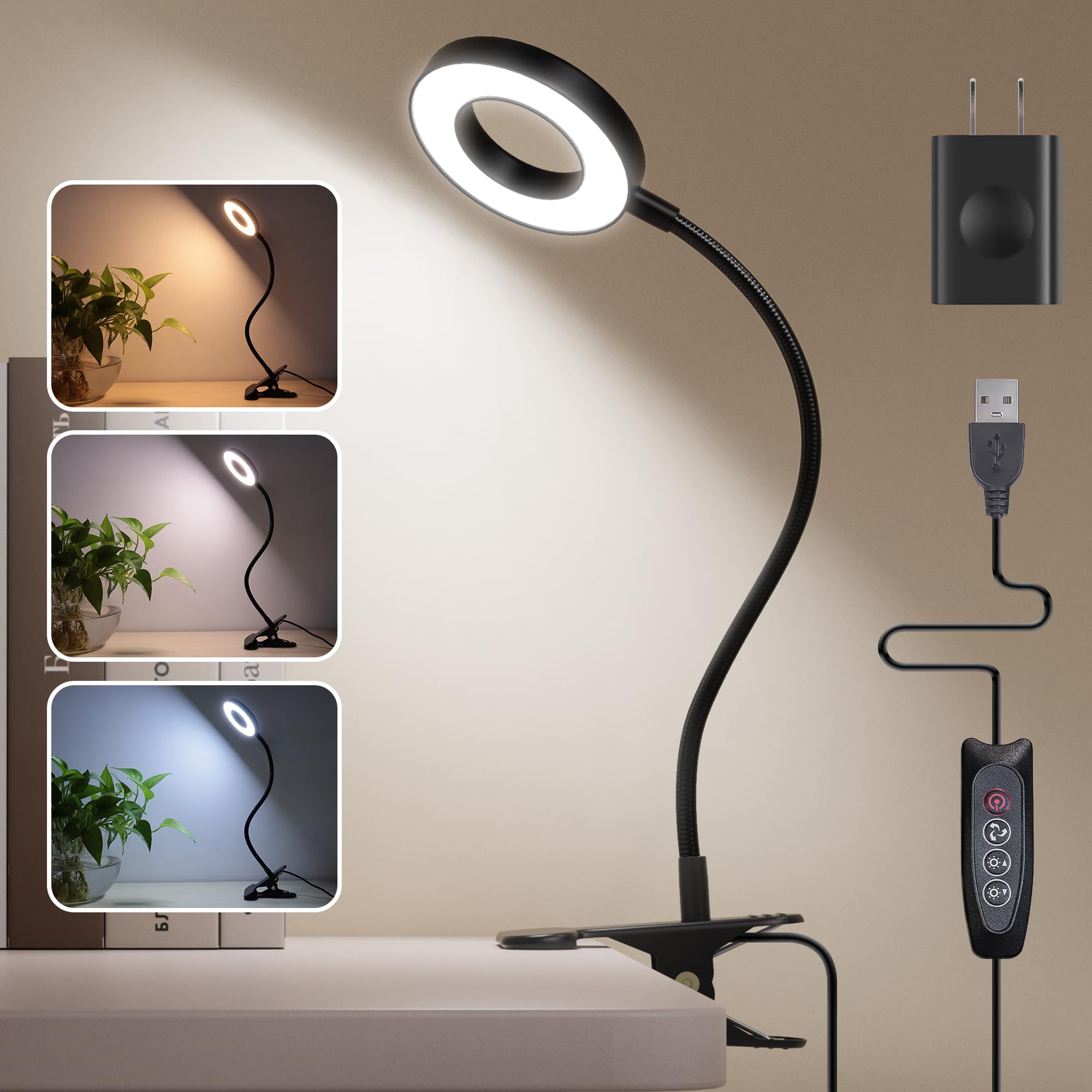 Photo 1 of Foneso Desk Lamp Clip on Light with Adapter, 48 LED Reading Lamp with USB Charging Port, 3 Color Mode 10 Brightness Levels, Flexible Gooseneck, Memory Function Clamp Lamp for Home, Office, Makeup