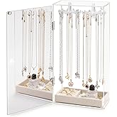 Acrylic Jewelry Organizer with Mirror - 24 Rotating Hooks, Velvet Tray for Necklaces, Rings & Earrings - Clear Necklace Holder Organizer, Rotating Jewelry Box, Elegant Necklace Jewelry Box for Women