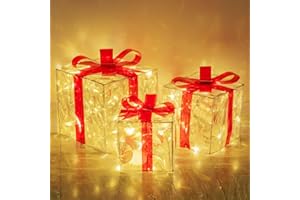 Hourleey Set of 3 Christmas Lighted Gift Boxes, Pre-lit 60 LED Light Up Present Boxes Ornament Decorations with Ribbons for Indoor Outdoor Xmas Tree Home Yard Lawn Decor, Warm White