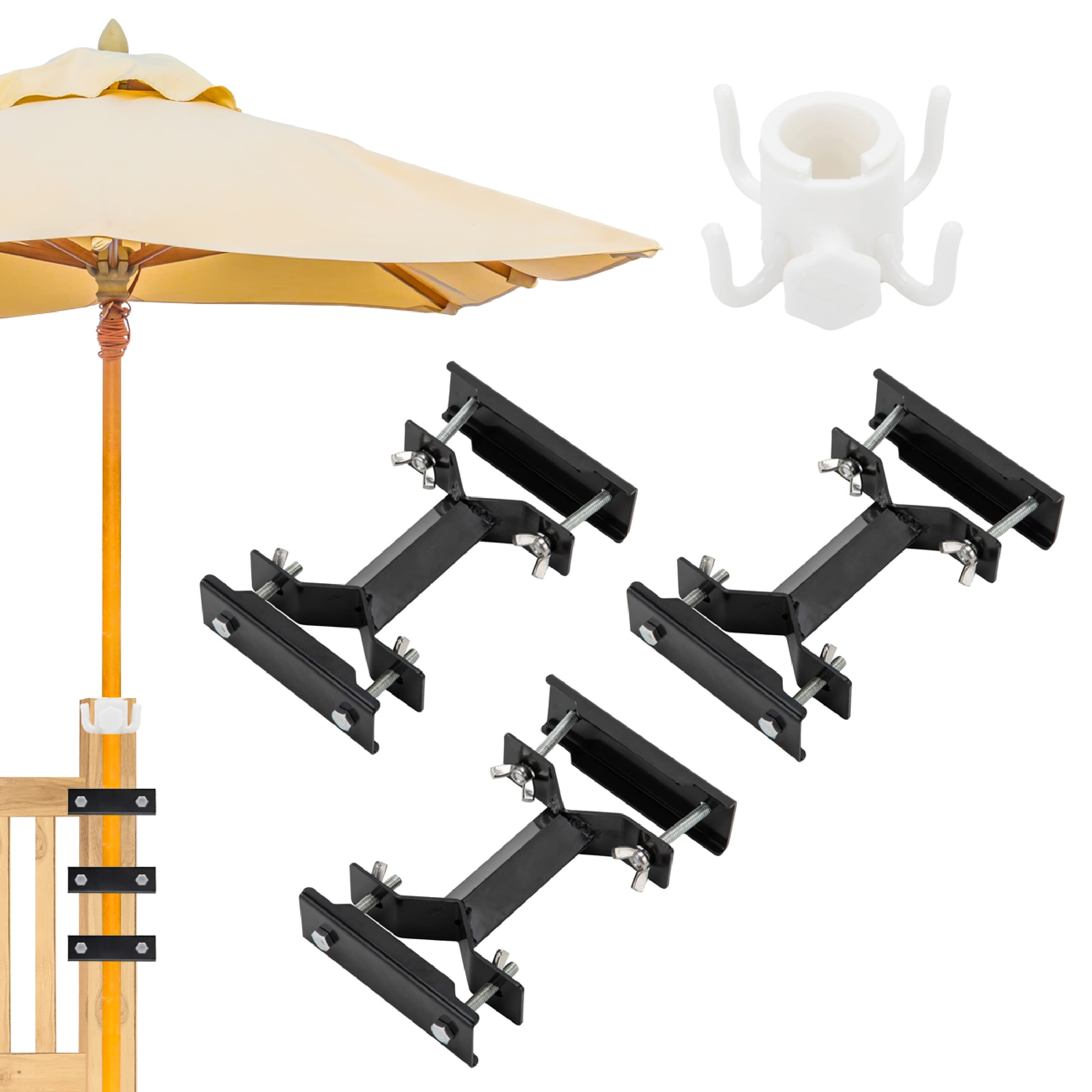 Clear Huku Deck Umbrella Mount - 3 Pack Black - Patio Balcony or Fence Rail Mounting Clamp - Torch and Flagpole Holder - with Hanging Hook