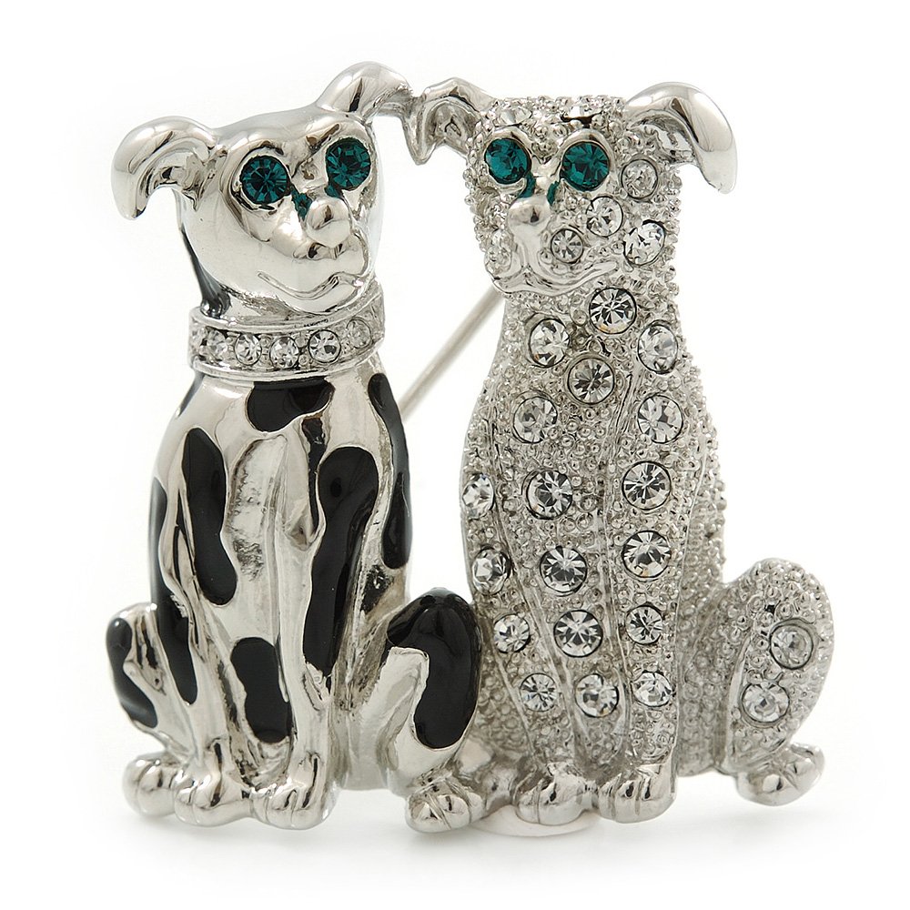 Black Enamel, Clear Crystal Two Dog Brooch In Rhodium Plating - 30mm Length